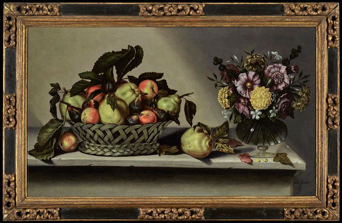 Antonio Ponce - A basket of apples and quinces and flowers in a glass vase on a stone ledge | MasterArt